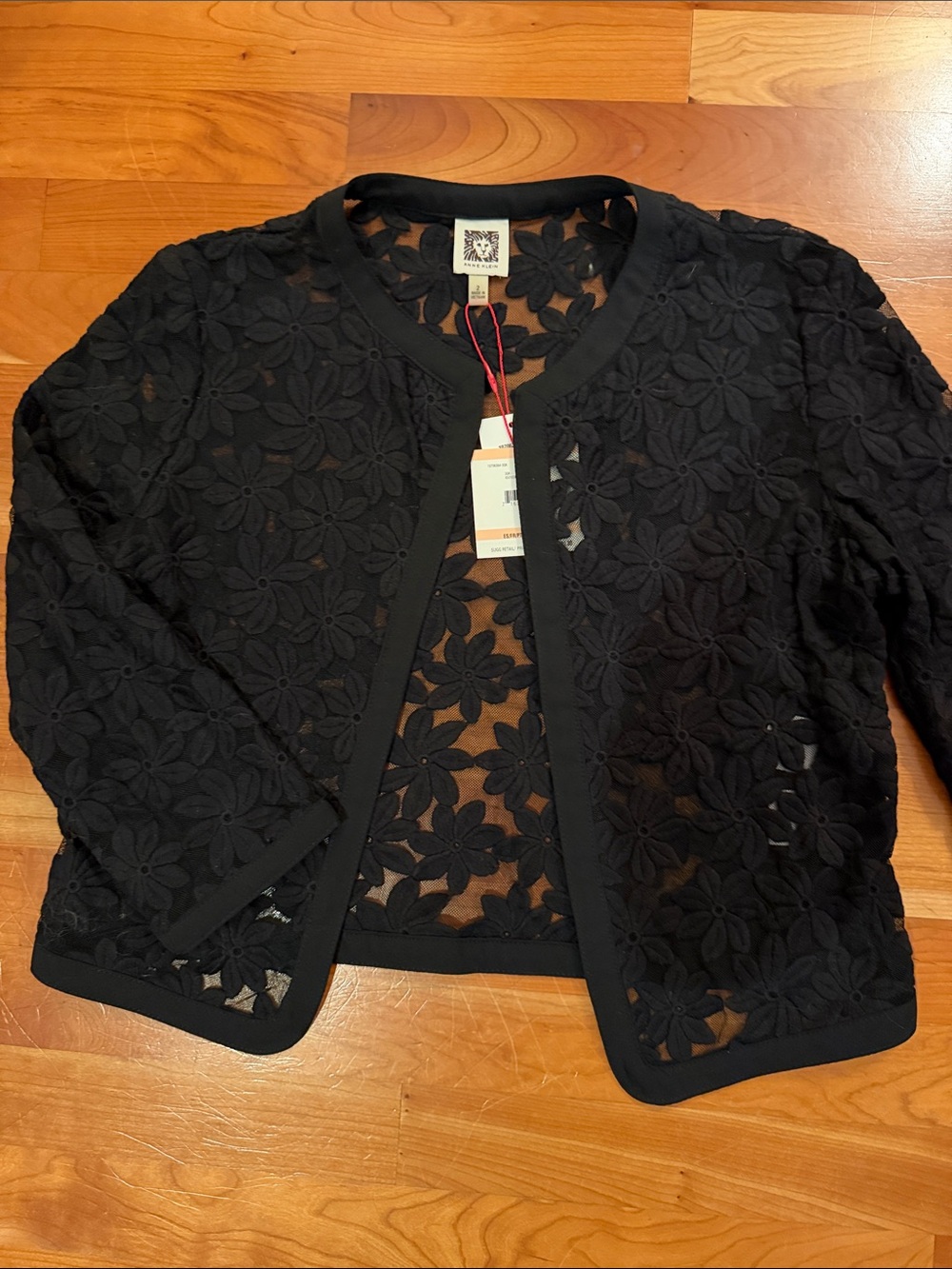 NWT Anne Klein Black Floral Lace Mesh Crop Cardigan Blazer Jacket Size 2